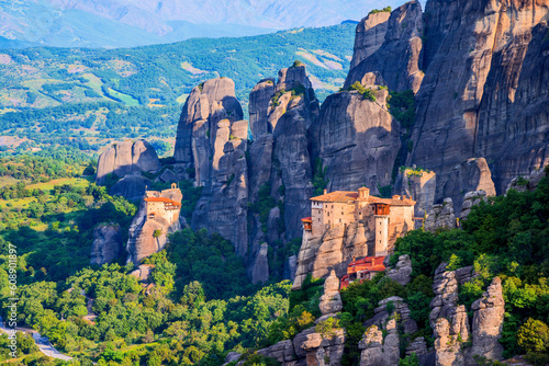 Meteora, Greece. Incredible sandstone rock formations and monasteries.