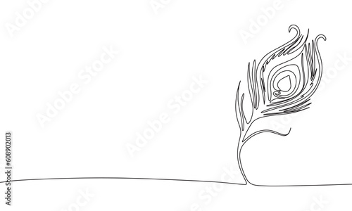 Peacock feather as one line continuous outline vector illustration. Line art peacock feather isolated on white background in minimal style.