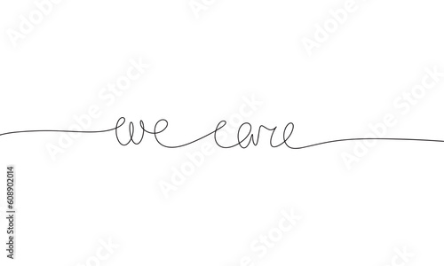 We care text. One line continuous text phrases about health, medicine, senior people. Line art handwriting text vector illustration.