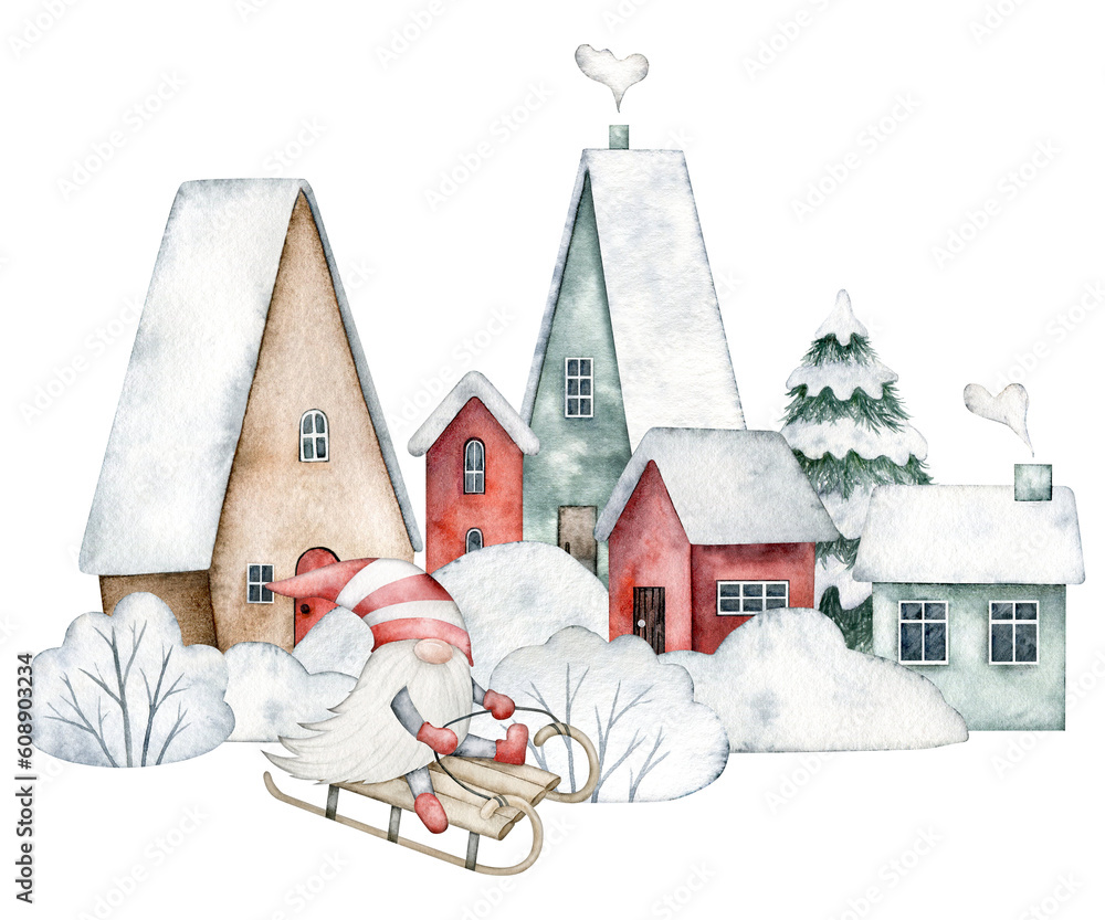 Naklejka premium Snowy street with Cute Scandinavian gnome in a striped hat sledding, houses with snow on the roof and spruce tree, bushes in the snow, snowdrifts isolated on background. Hand painted watercolor