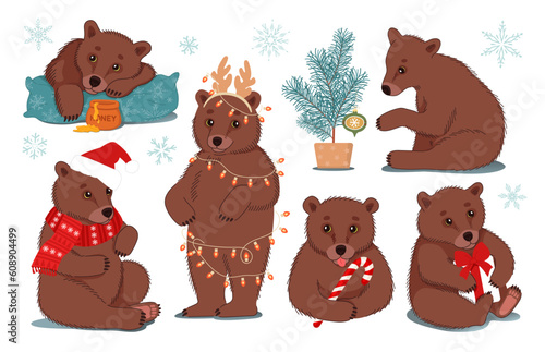 Big set of Christmas stickers. Cute brown bears with Christmas symbols. Flat vector illustration isolated on white.