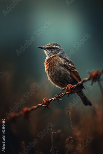 A bird sits on a barbed wire with a brown background. Generative AI photo