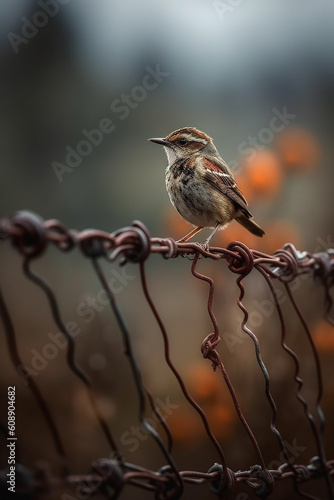 A bird sits on a barbed wire with a brown background. Generative AI photo