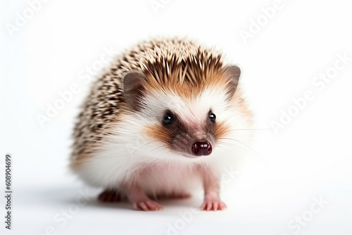 A hedgehog sits on a white background. Generative AI