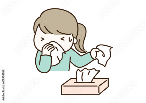 Illustration of a woman blowing a runny nose with tissue paper ／テッシュペーパーで鼻水をかむ女性のイラスト