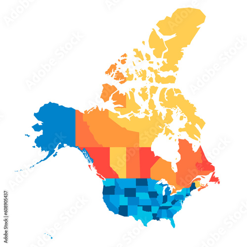 United States and Canada political map of administrative divisions. Blank colorful vector map.
