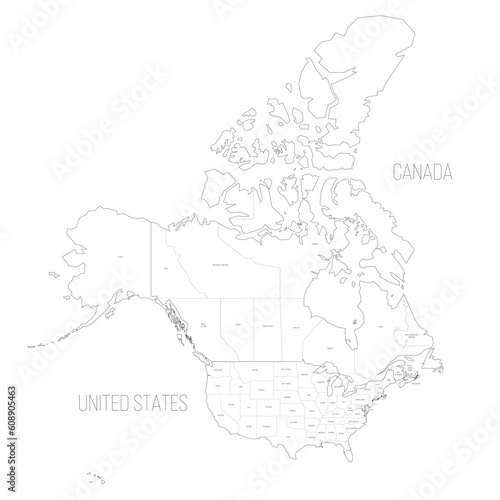 United States and Canada political map of administrative divisions. Blank black outline vector map