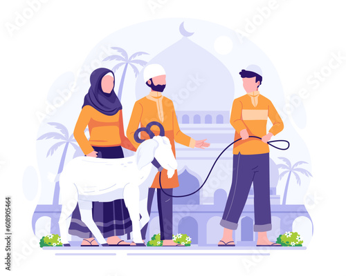 Eid Al-Adha Vector Design Illustration. Happy Eid Adha Mubarak. Muslim People bring a goat for Qurban or Sacrifice on Eid Al Adha. Vector Illustration