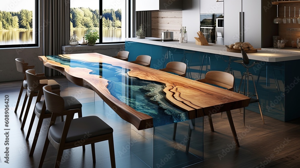 Epoxy resin and wood kitchen, dining room table. A real masterpiece ...