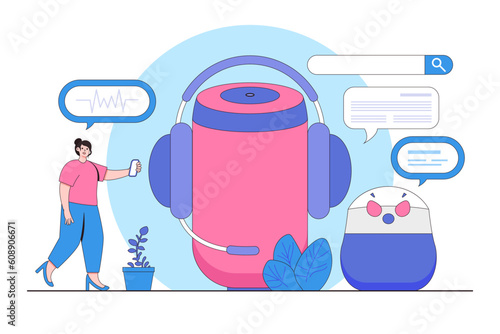 Digital Assistants and Voice Recognition Concept with a Person Interacting with a Smart Speaker and Asking a Virtual Assistant for Information