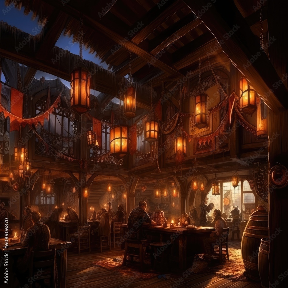 The cozy medieval tavern inspires D&D adventures with lantern-lit charm. (Illustration, Generative AI)