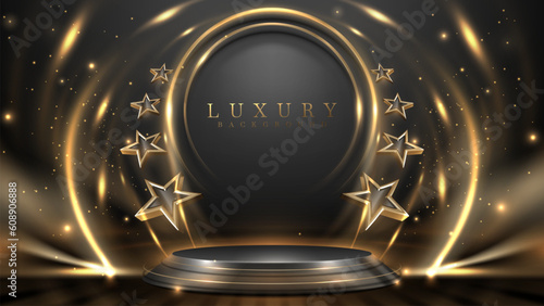 3d star around gold circle frame and podium and light effects decorations with bokeh. Luxury award ceremony background.