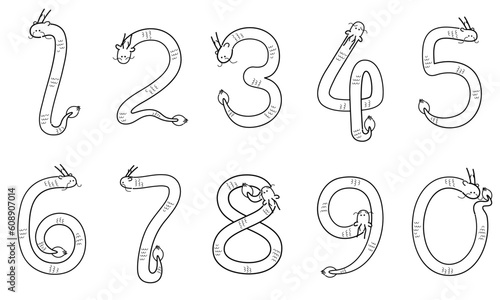 手描きの辰年、年賀状に使える龍の数字イラスト素材