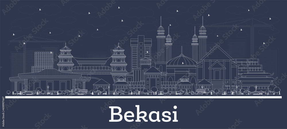 Outline Bekasi Indonesia City Skyline with White Buildings.