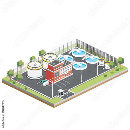 Isometric Wastewater Treatment Facility. Infographic Design Element Isolated on White Background.
