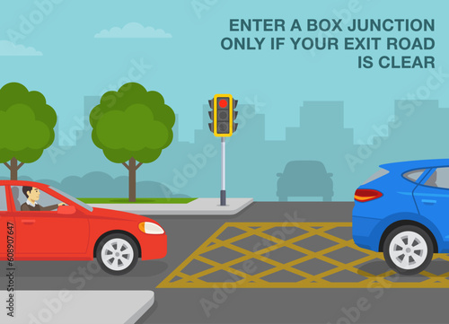 Car driving tips and traffic regulation rules. Enter a box junction only if exit road is clear. Side view of a car stopped at yellow junction box. Flat vector illustration template.