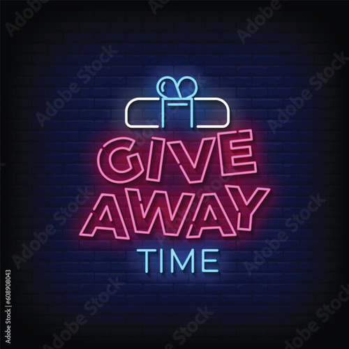 Neon Sign giveaway time with brick wall background vector