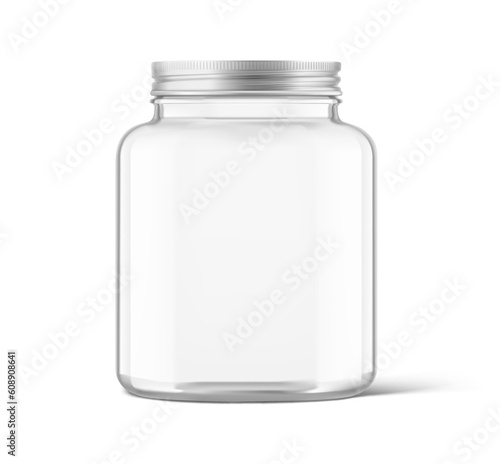 Realistic clear glass jar mockup. Vector illustration isolated on white background. Can be use for your design, advertising, promo and etc. EPS10.	