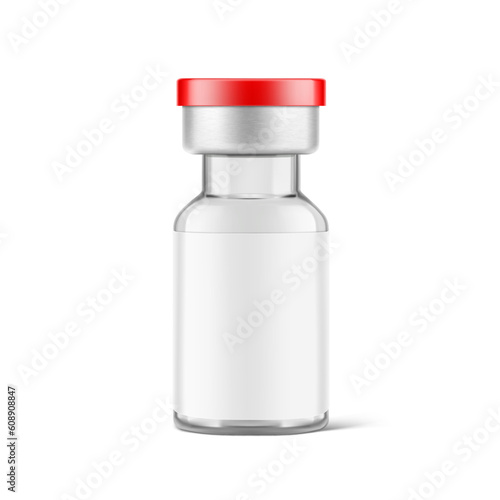 Realistic clear glass bottle for injections mockup. Vector illustration isolated on white background. Can be use for medicine, cosmetic and other. Ready for your design. EPS10.