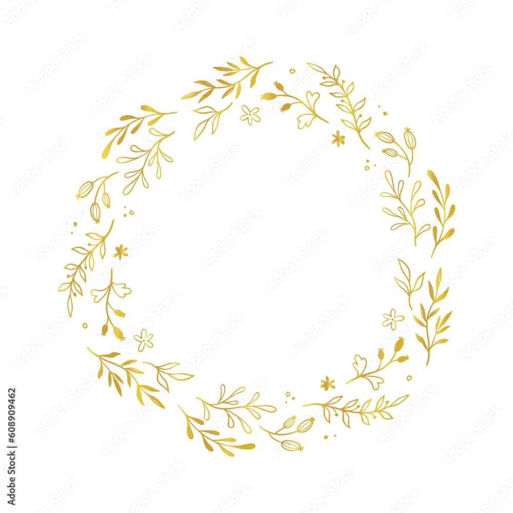 Gold floral circle frame. Vector golden floral leaf wreath border. Wedding round frame design. Hand drawn rustic flourish elegant circle border. Vector illustration.