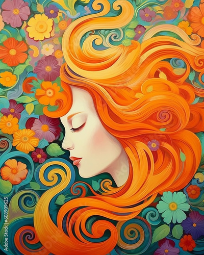 girl with red and orange hair with flowers in the style of colorful cartoon and psychedelic artwork. Generative AI.