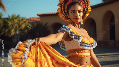 Wallpaper Mural Mexican female folklore traditional dancer, yellow dress, Traditional Mexican Dance.ai generative. Torontodigital.ca