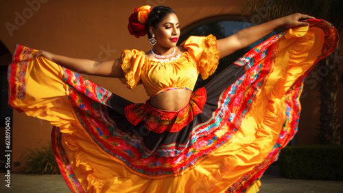 Mexican female folklore traditional dancer, yellow dress, Traditional Mexican Dance.ai generative.