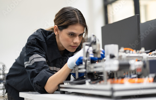 Engineer caucasian woman learning repair electric board with tablet computer in class	