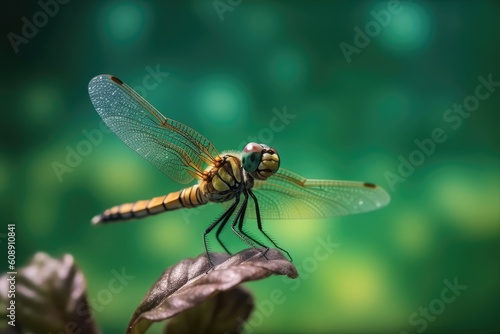 dragonfly perched on green background slightly blue fanfare, generative ai © Robby