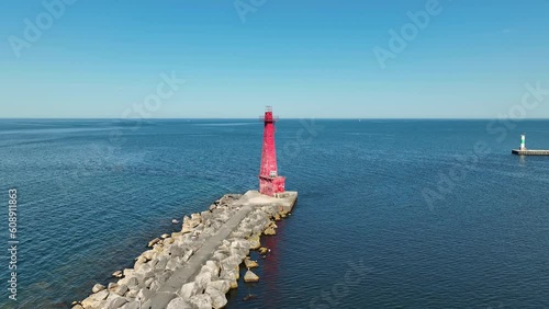 Still take with drone of the Lighthouse at Pere Marquette beach in Muskegon, MI. photo