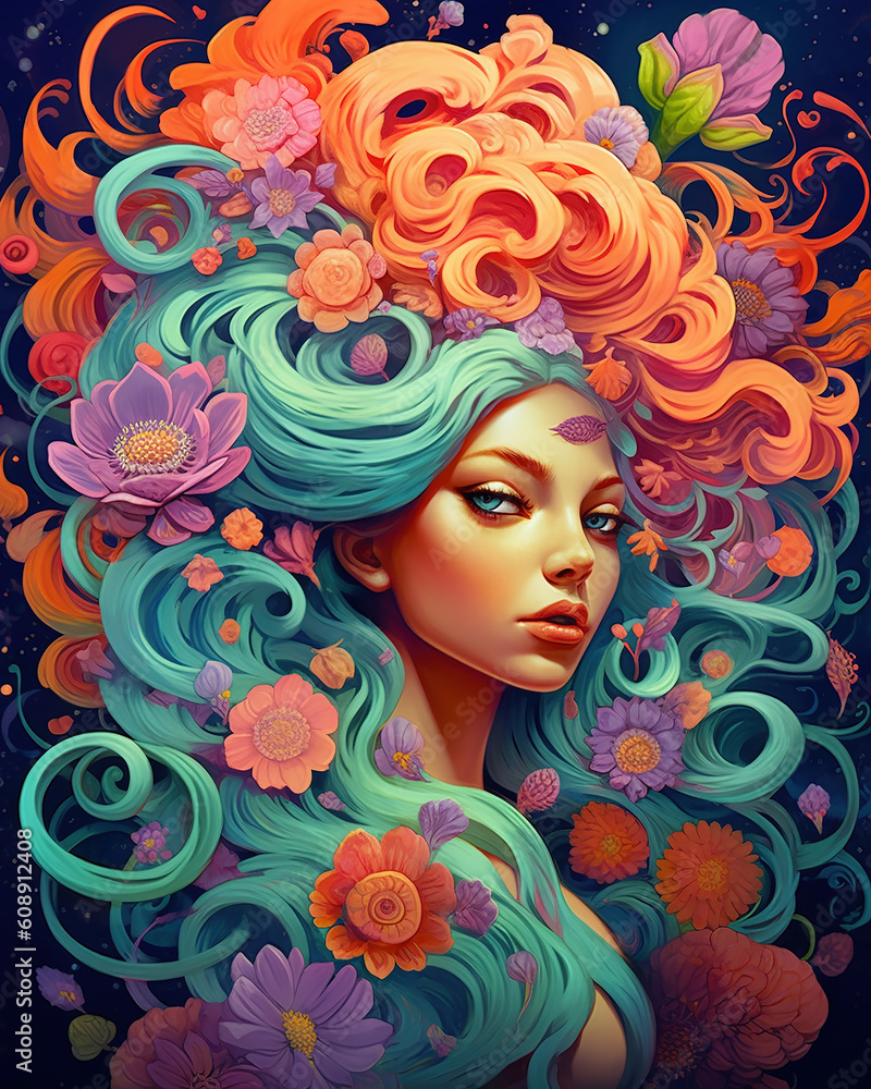 Girl with green and orange hair surrounded by flowers in the style of phychedelic illustration.  Generative AI.