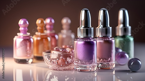 Close - up of a set of nail polish bottles. Generative ai