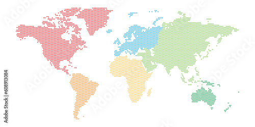 Dotted map of World with different color of each continent. Halftone design. Simple flat vector illustration.