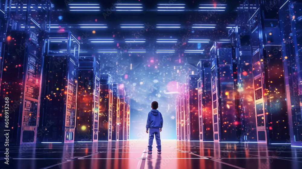 Fototapeta premium Digital graphics Futuristic 3D Concept, Big Data Center Kids Standing In Warehouse, Information Digitalization Lines, technology and data, future world children, Generative AI.