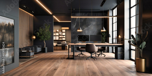 modern office with wood floor and light grey walls