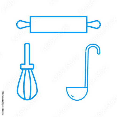 Whisk, rolling pin and dipper isolate on white background. Vector illustration EPS 10.