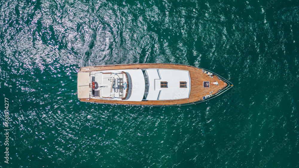 Aerial view on a luxury yacht on the sea.