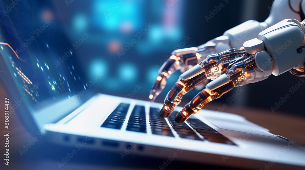 Robotic man hand pressing a keyboard on a laptop working, connecting with AI online and using a chat GPT. IT engineer software developer programmer, future world, Robotic man hand pressing a keyboard on a laptop working, connecting with AI online and using a chat GPT. IT engineer software developer programmer, future world,