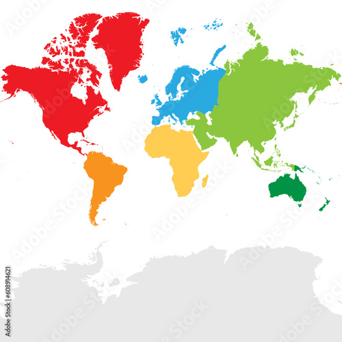 Map of World continents - North America  South America  Africa  Europe  Asia and Australia. Mercator projection. Each continent in different color.