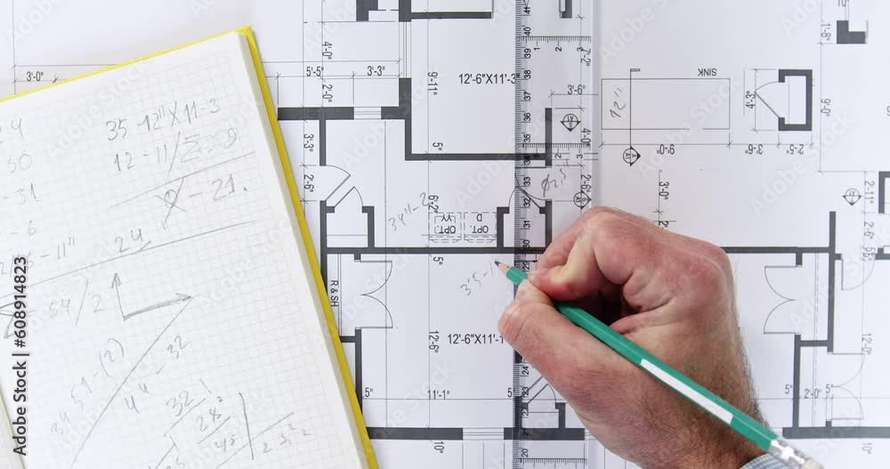 Engineer hands measure length and write measurements on building project. Workman takes notes in paper notebook while drawing lies on surface Engineer hands measure length and write measurements on building project. Workman takes notes in paper notebook while drawing lies on surface