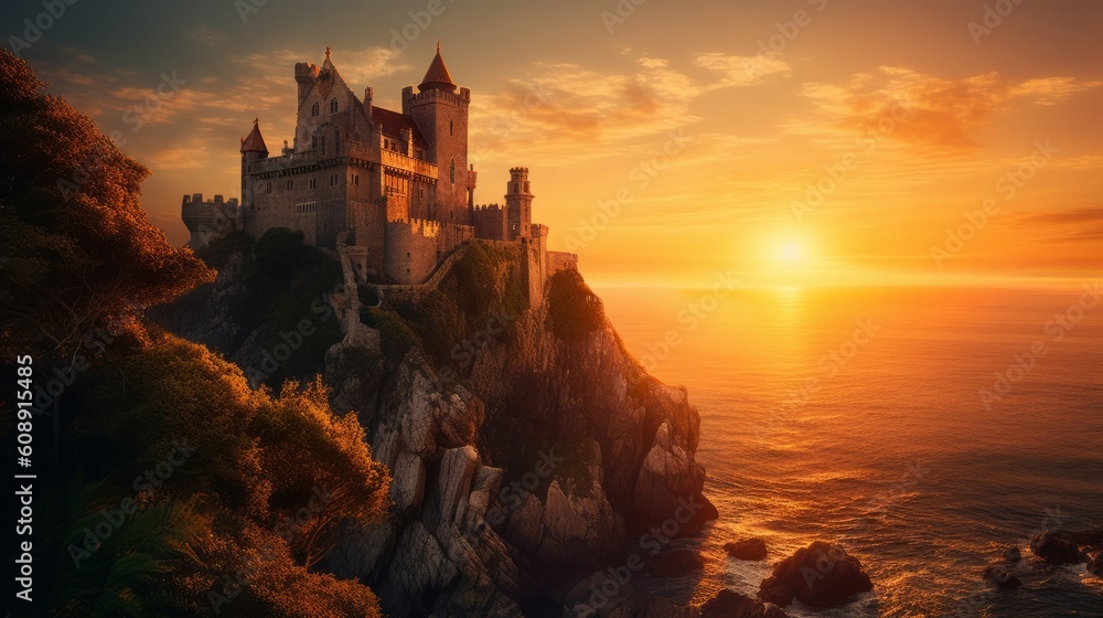 sunset over the castle made with generative ai