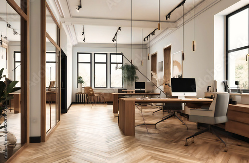 modern office with white walls and wooden desks