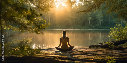 sitzende Yoga Pose rücklings mit Blick auf Berge, Wasser und Bäume KI