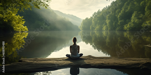 sitzende Yoga Pose rücklings mit Blick auf Berge, Wasser und Bäume KI