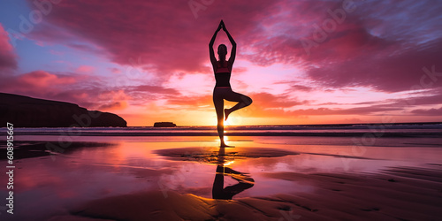 stehende Yoga-Pose vor Sonnenuntergang als Silhouette am Strand KI