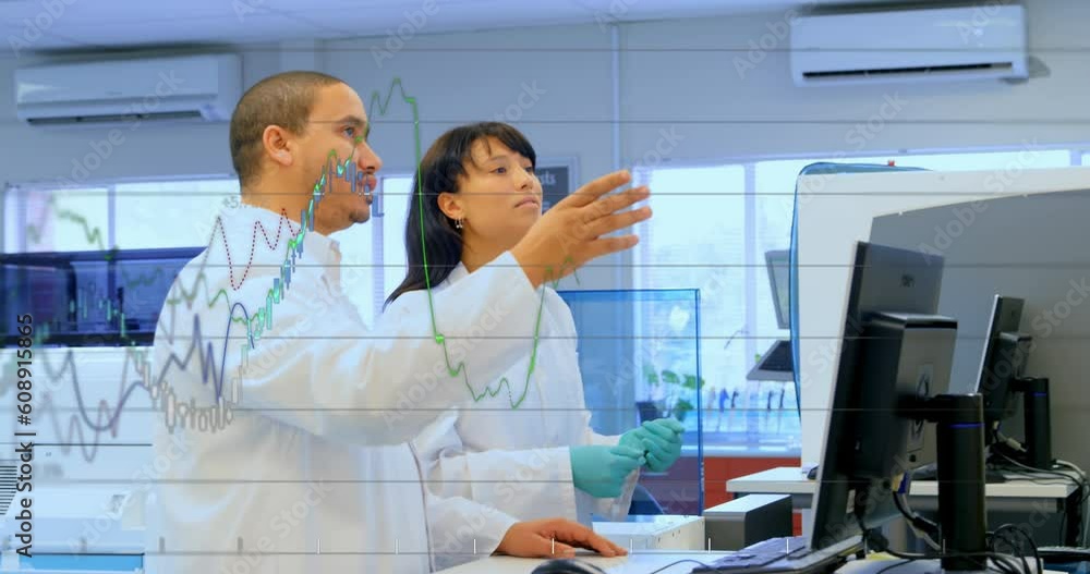 Animation of multiple graphs over diverse researcher discussing research report on screen Animation of multiple graphs over diverse researcher discussing research report on screen