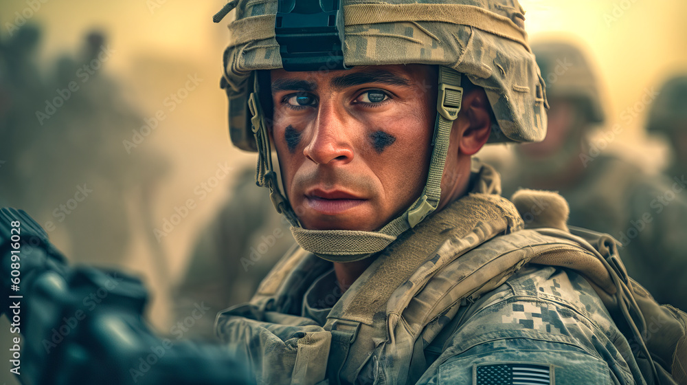 An American military man in a helmet and military equipment with a patch of the US flag. Cinematic view of a person. Generative Ai An American military man in a helmet and military equipment with a patch of the US flag. Cinematic view of a person. Generative Ai