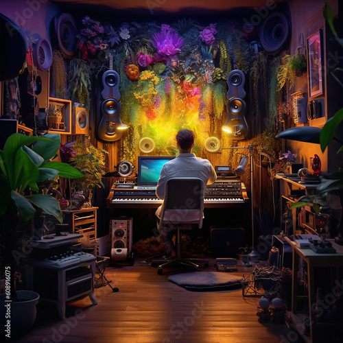 A Young Man in a Colorful Home Recording Studio Generative AI © Adam