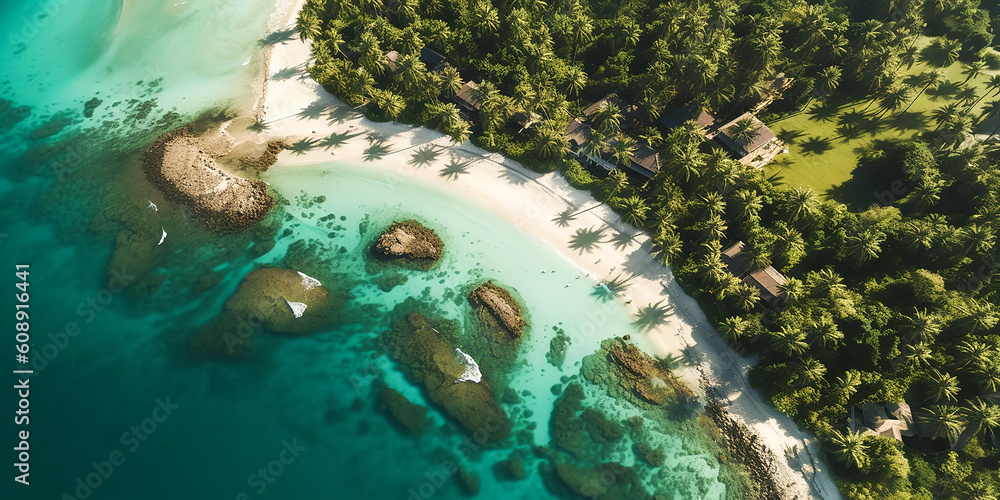 Küste einer Insel aus der Vogelperspektive mit glaskarem Wasser, schönes Wetter und Felsen im Meer KI