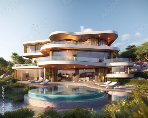 A futuristic luxury villa was rendered. (Illustration, Generative AI) © HandmadePictures